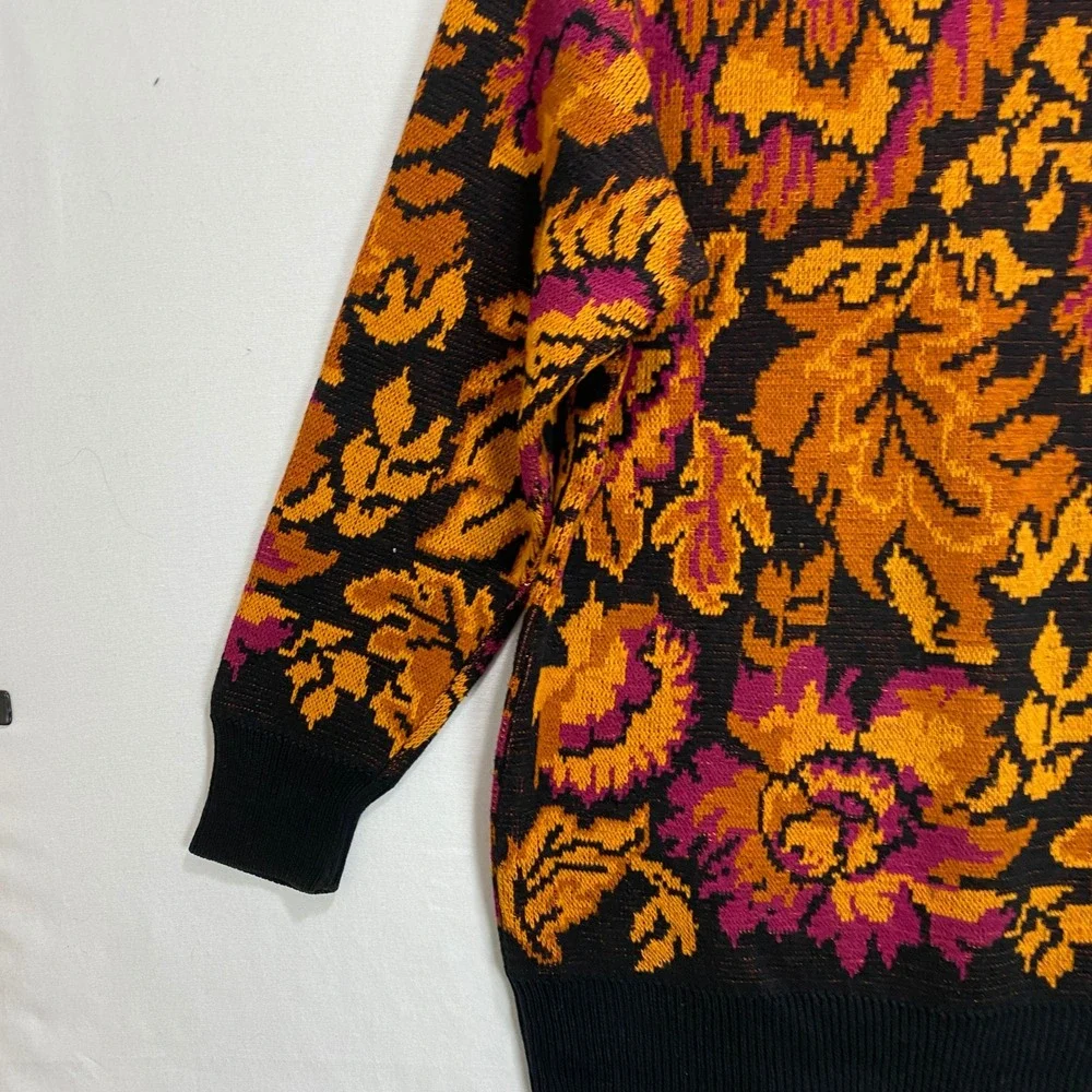 VTG IB Diffusion Floral Knit Sweater Orange Pink Black Women's Size P Fall Winte